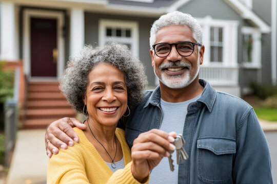 An old man and woman holding house keys in Boston, MA
