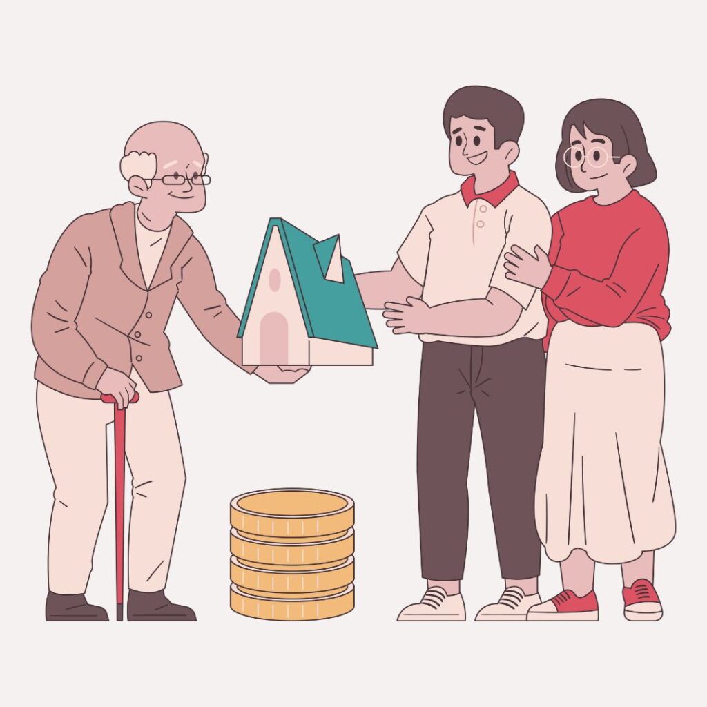 Old parents and a young man holding a miniature home and coins below it