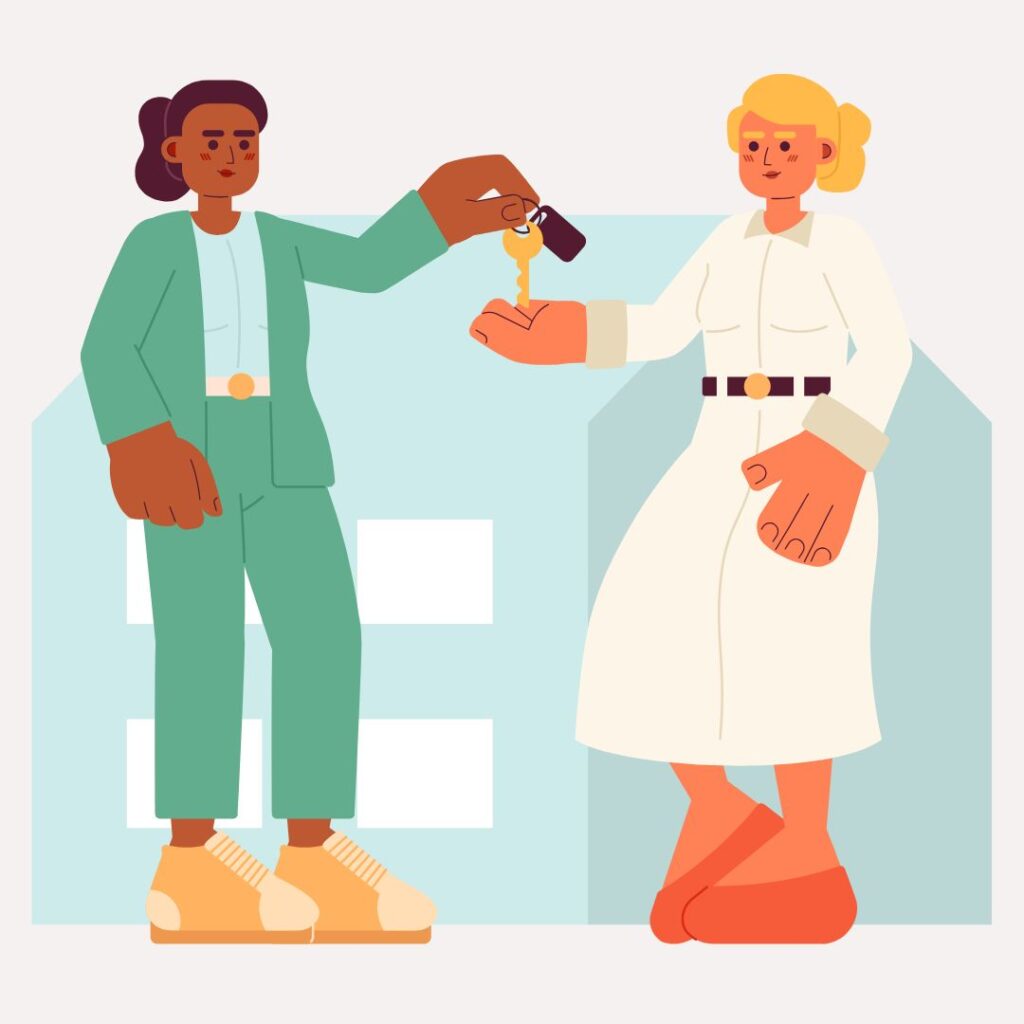 One woman handing over a key to another woman in MA—Home Buy Cash